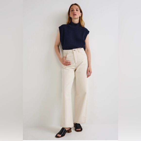 Monoprix NWT Minimalist Classic Santa Fe high rise Wide leg denim Jeans Cream 10 - Picture 1 of 6